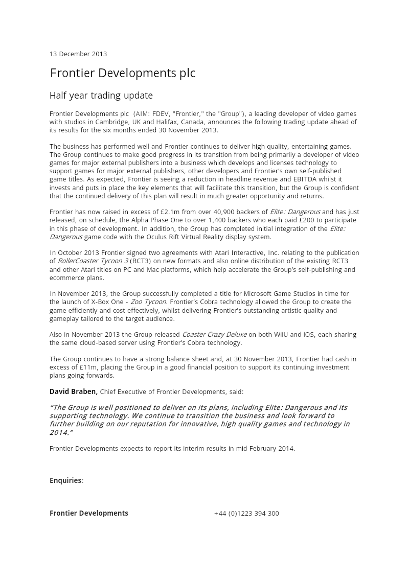 Cover of Frontier Developments Half Year Trading Update