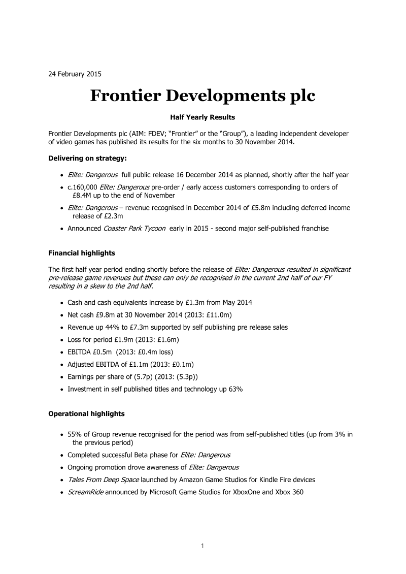 Cover of Frontier Developments plc Half Yearly Results 2015