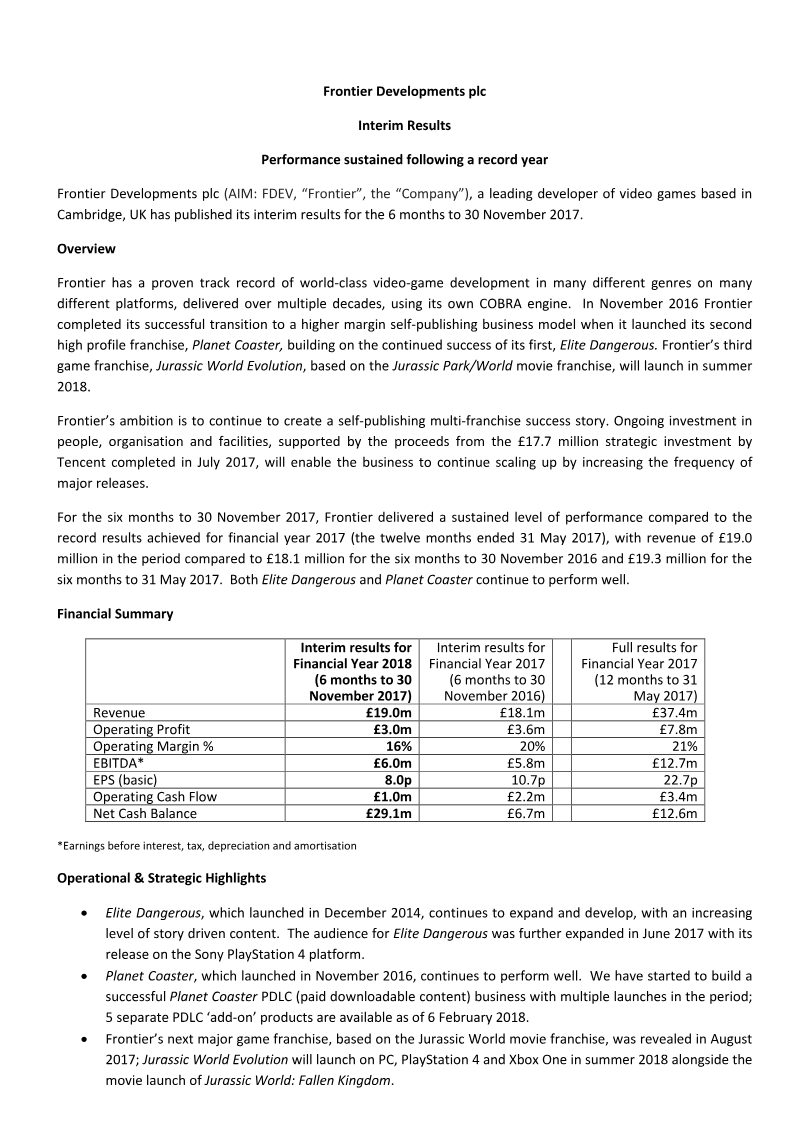 Cover of Frontier Developments Interim Results: 2018