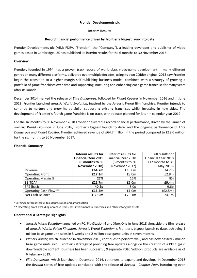Cover of Frontier Developments plc: Interim Results 2019