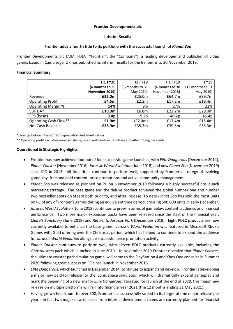 Cover of Frontier Developments Interim Results: H1 FY20