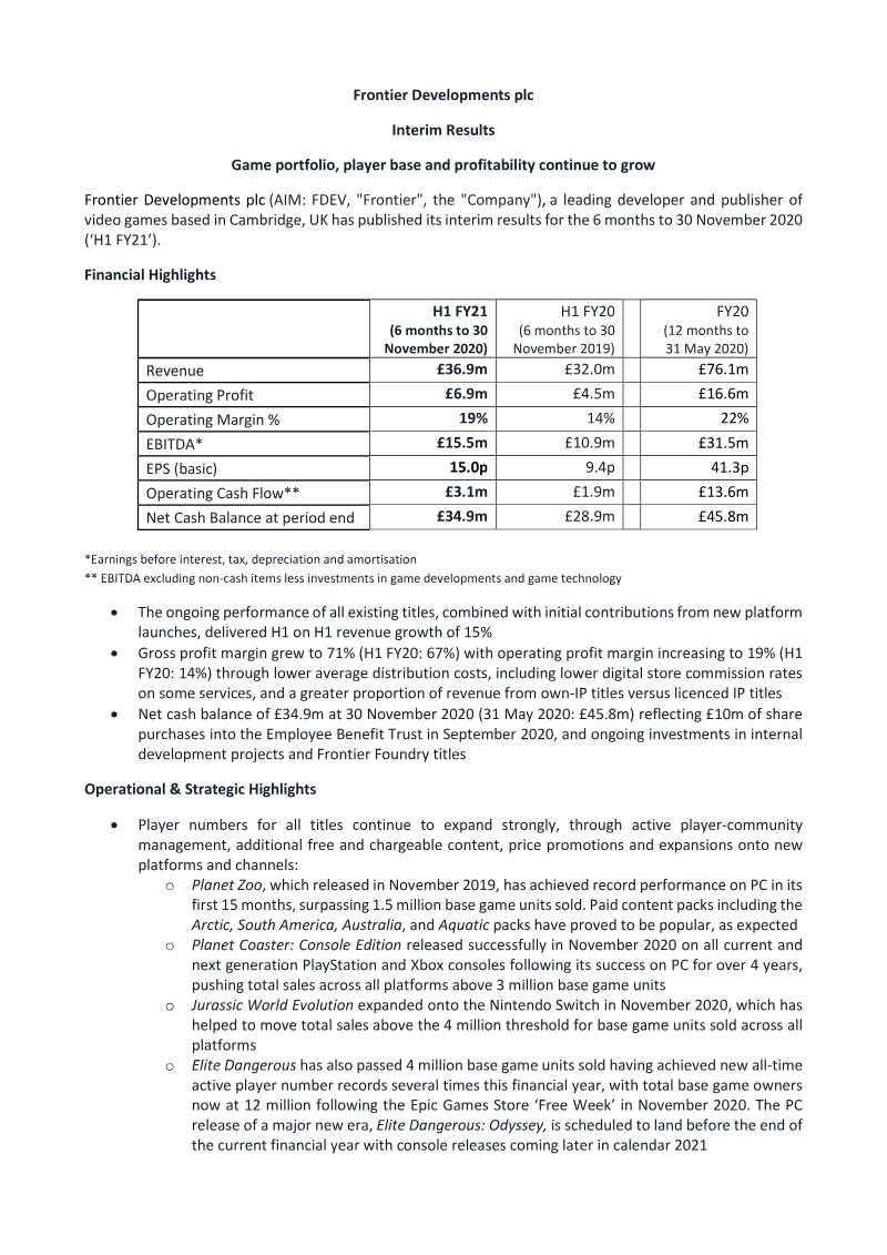 Cover of Frontier Developments Interim Results: H1 FY21