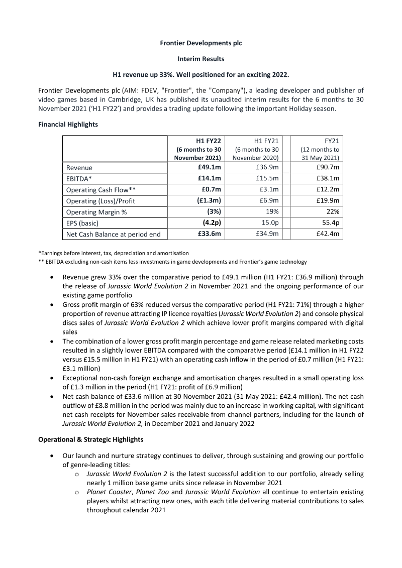 Cover of Frontier Developments Interim Results: H1 2022