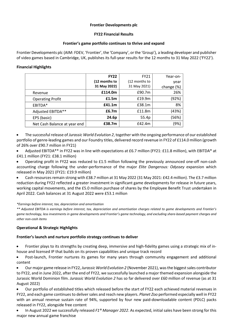 Cover of Frontier Developments FY22 Financial Results