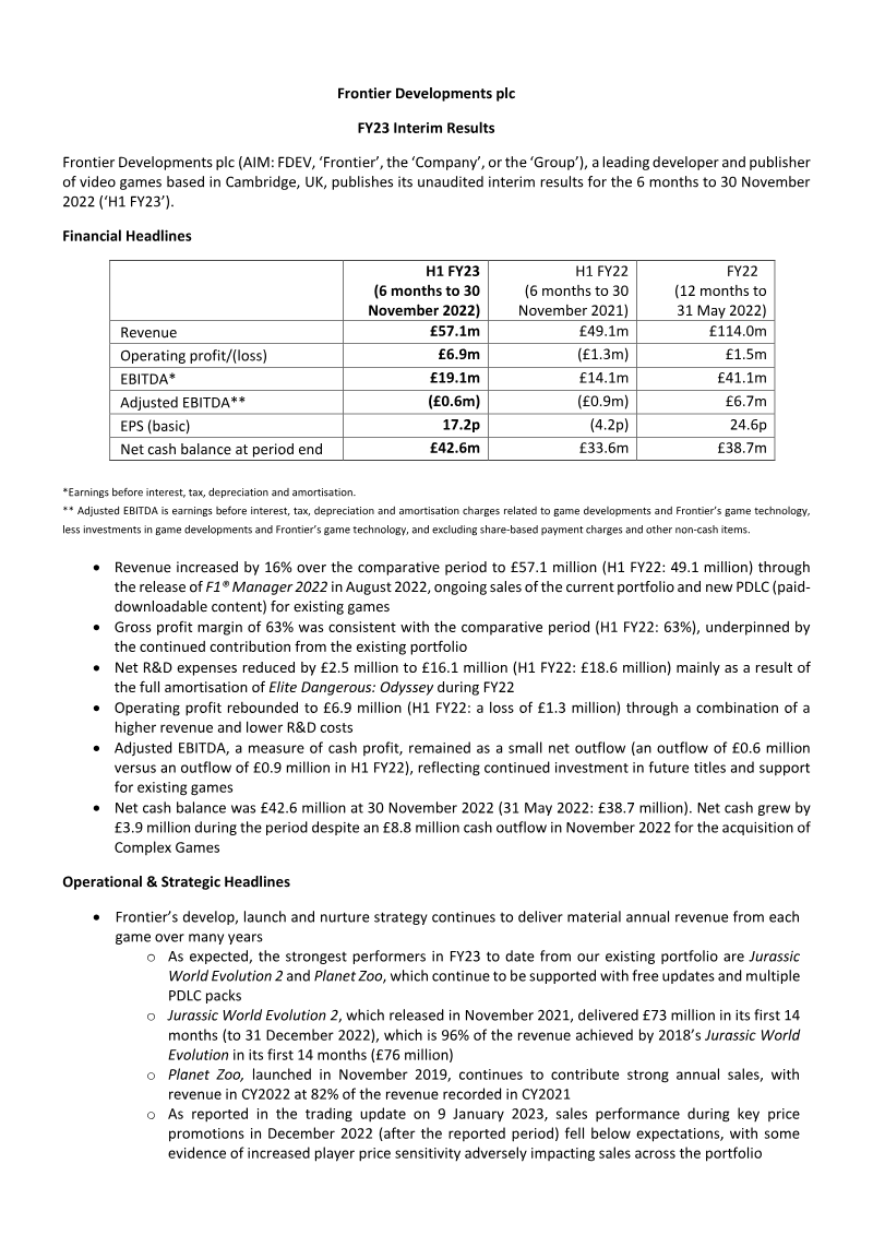 Cover of Frontier Developments FY23 Interim Results
