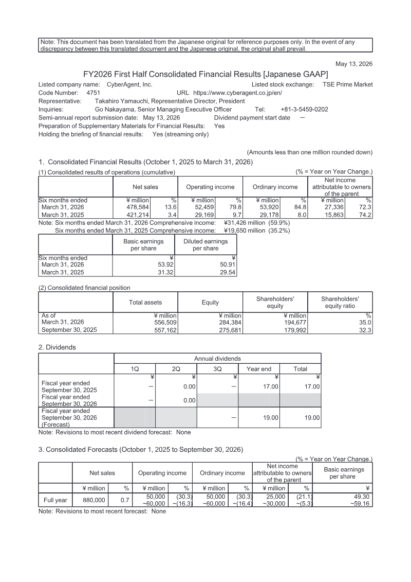 Cover of CyberAgent FY2026 First Half Consolidated Financial Results