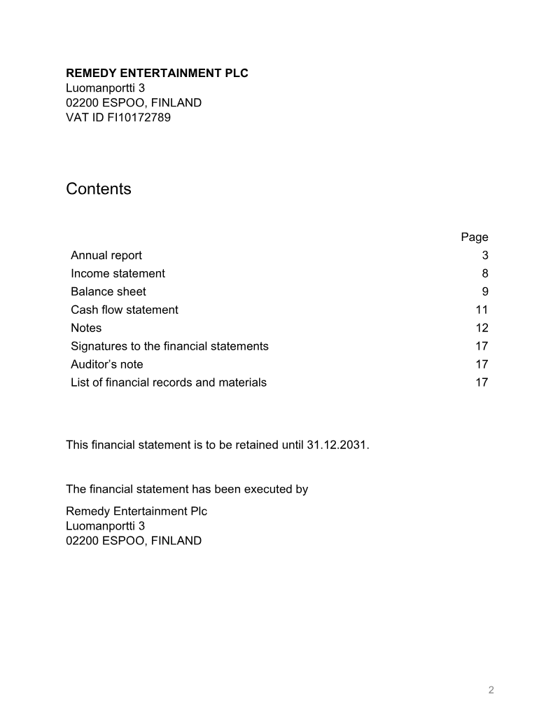 Cover of Remedy Entertainment Plc Annual Report 2021