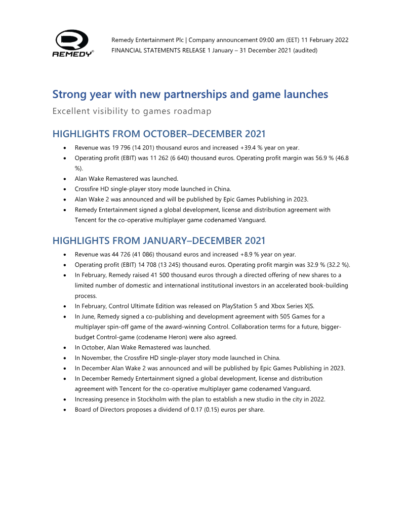 Cover of Remedy Entertainment Financial Statements Release 2021