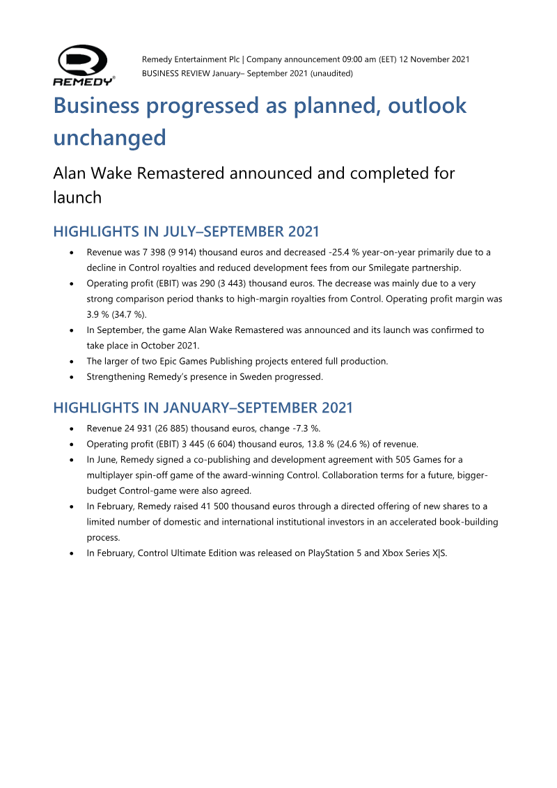Cover of Remedy Entertainment Business Review: January-September 2021