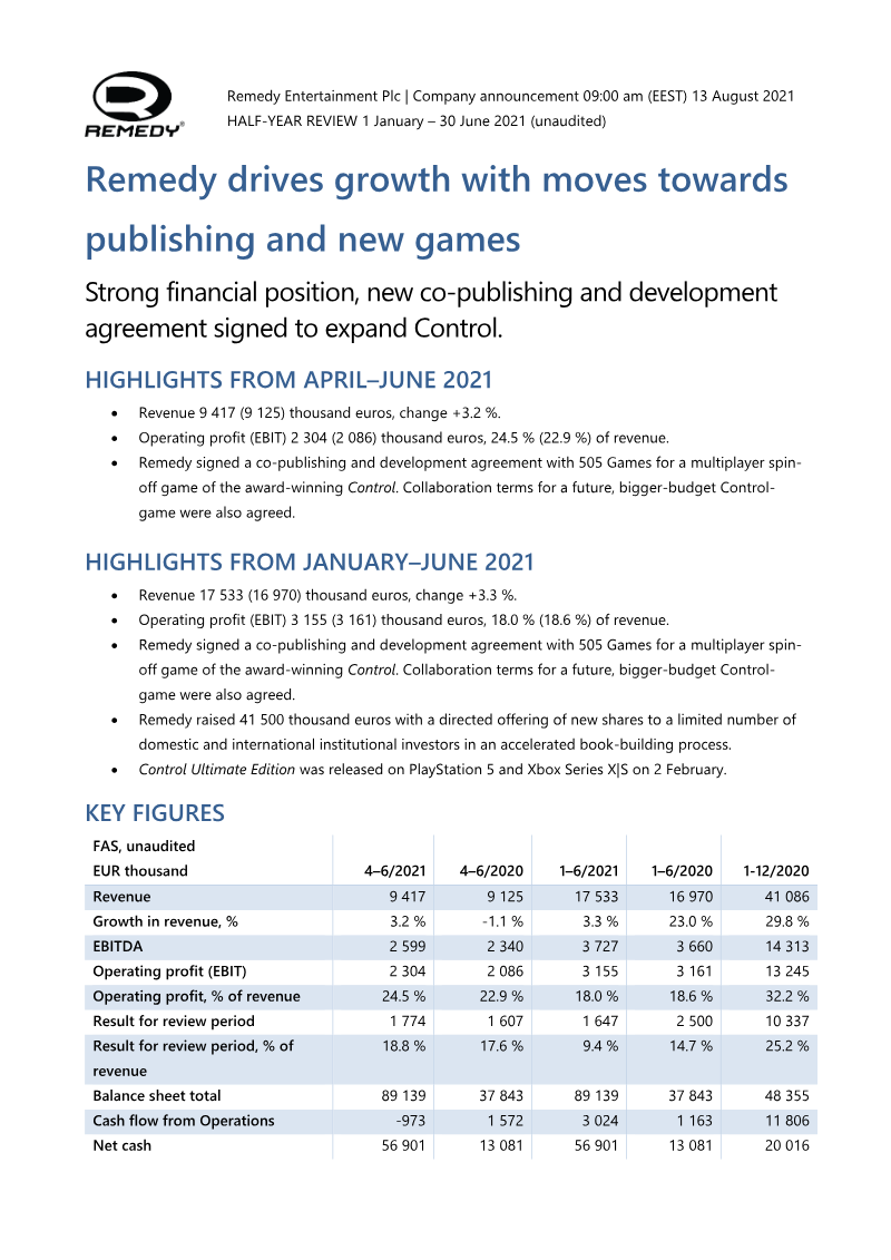 Cover of Remedy Entertainment Half-Year Review: 1 January - 30 June 2021