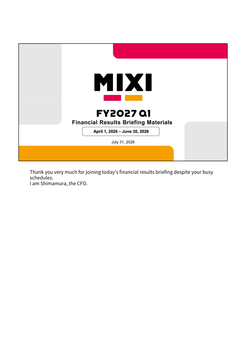 Cover of MIXI FY2027 Q1 Financial Results Briefing Materials