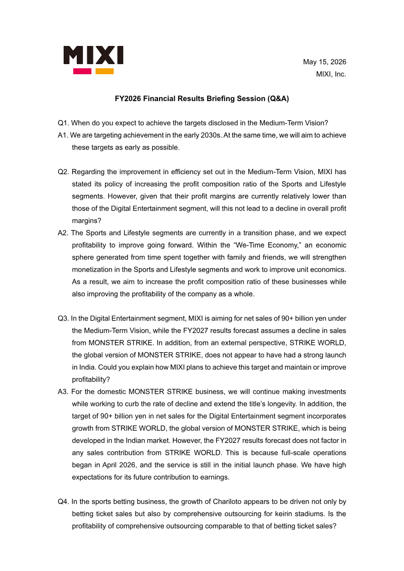 Cover of MIXI FY2026 Financial Results Briefing Session (Q&A)
