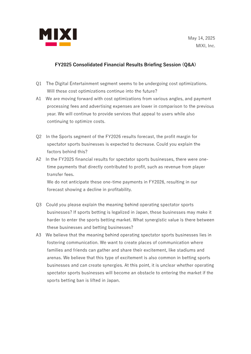 Cover of MIXI FY2025 Consolidated Financial Results Briefing Session: Q&A