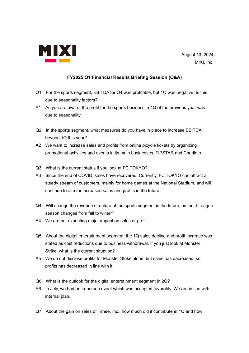 Cover of MIXI FY2025 Q1 Financial Results Briefing Session: Q&A
