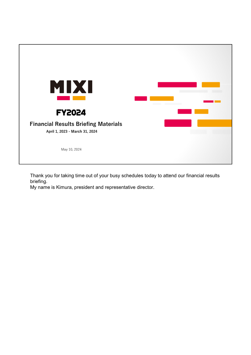Cover of MIXI FY2024 Financial Results Briefing Materials