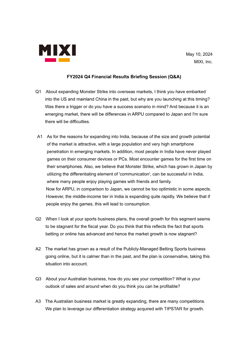 Cover of MIXI FY2024 Q4 Financial Results Briefing Session: Q&A