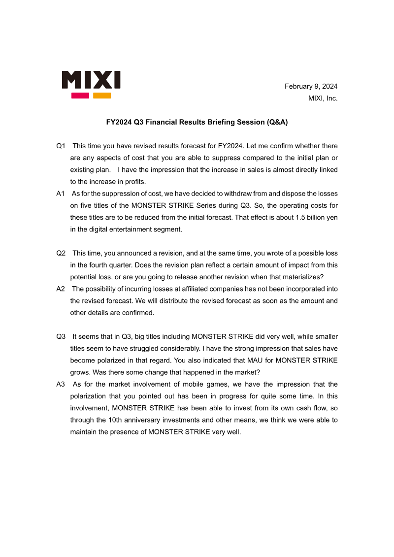 Cover of MIXI FY2024 Q3 Financial Results Briefing Session: Q&A