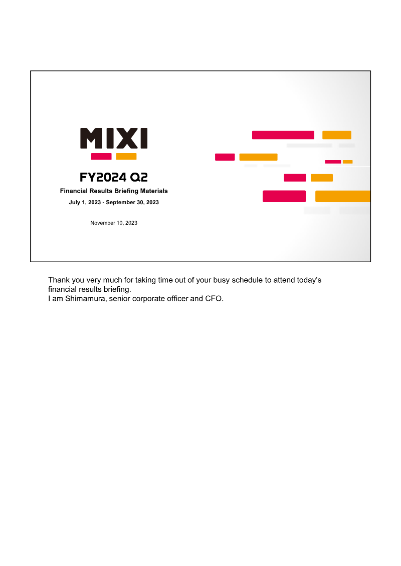 Cover of MIXI FY2024 Q2 Financial Results Briefing Materials