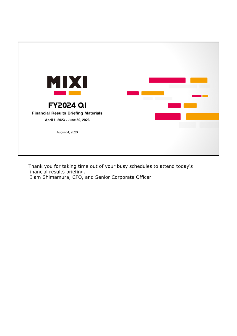 Cover of MIXI FY2024 Q1 Financial Results Briefing Materials