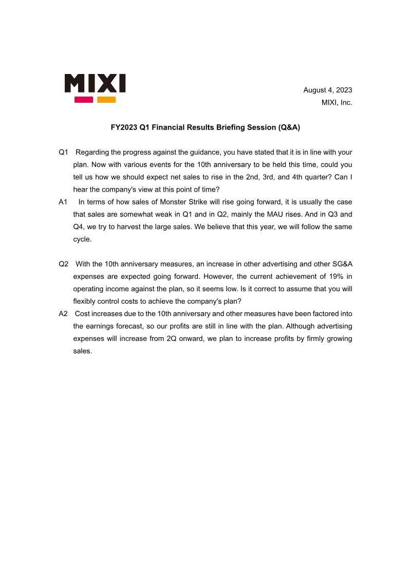 Cover of MIXI FY2023 Q1 Financial Results Briefing Session: Q&A