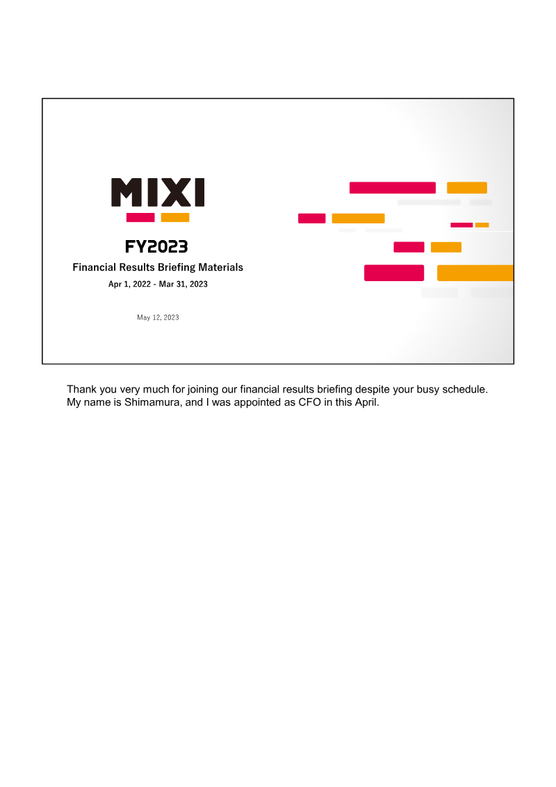 Cover of MIXI FY2023 Financial Results Briefing Materials