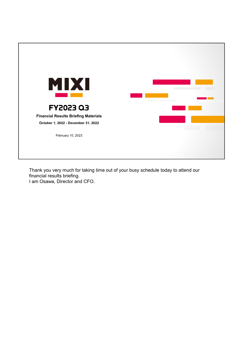 Cover of MIXI FY2023 Q3 Financial Results Briefing Materials