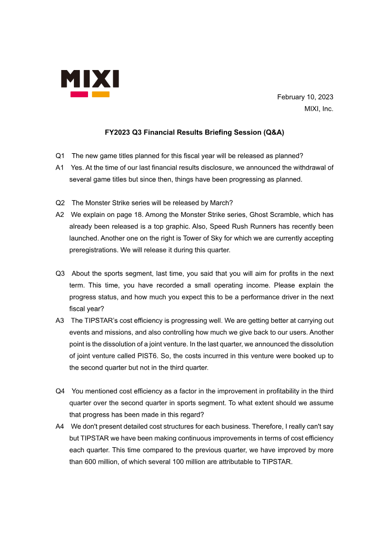 Cover of MIXI FY2023 Q3 Financial Results Briefing Session: Q&A