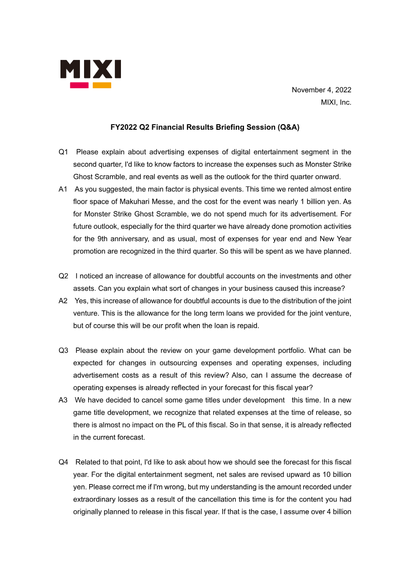 Cover of MIXI FY2022 Q2 Financial Results Briefing Session: Q&A