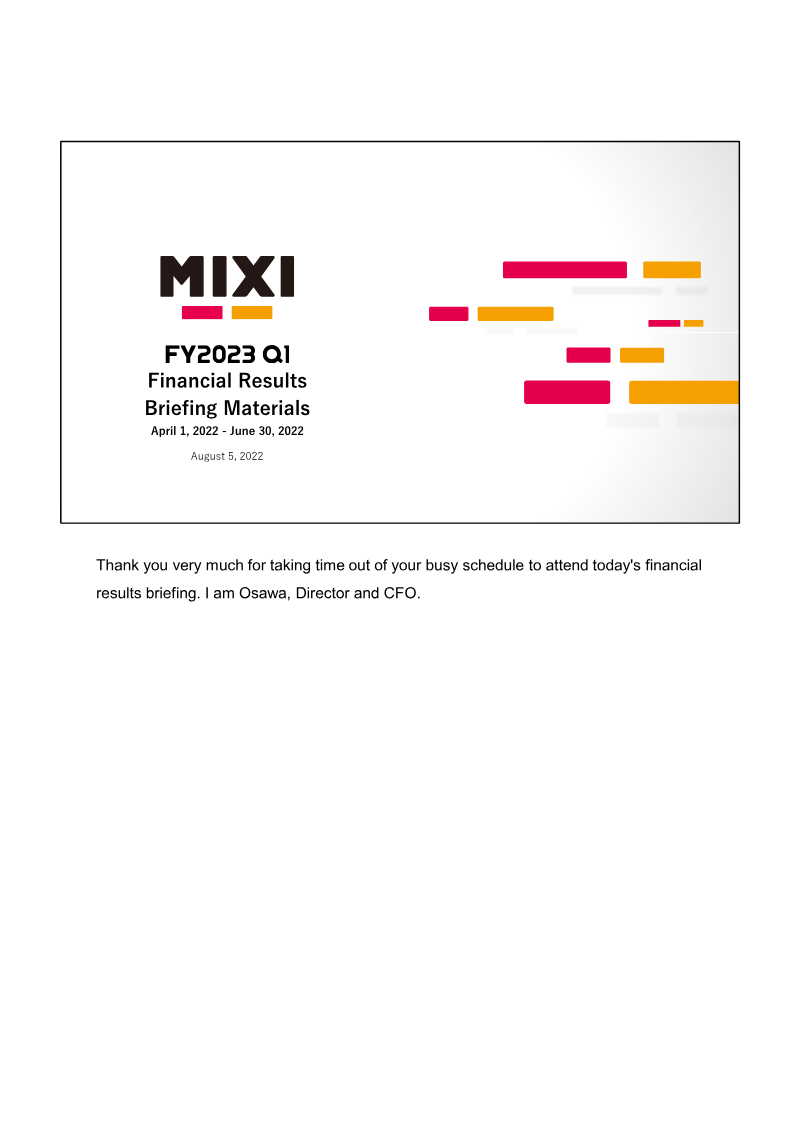 Cover of MIXI FY2023 Q1 Financial Results Briefing Materials