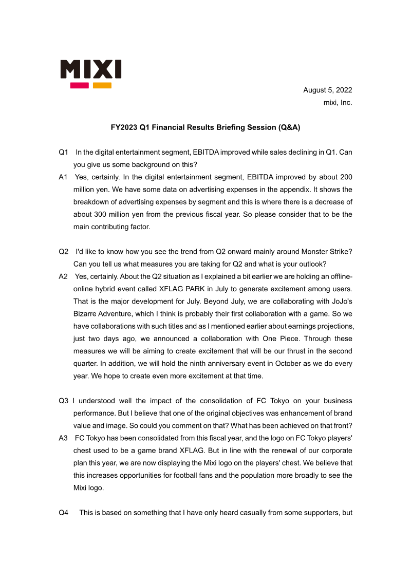 Cover of MIXI FY2023 Q1 Financial Results Briefing Session: Q&A