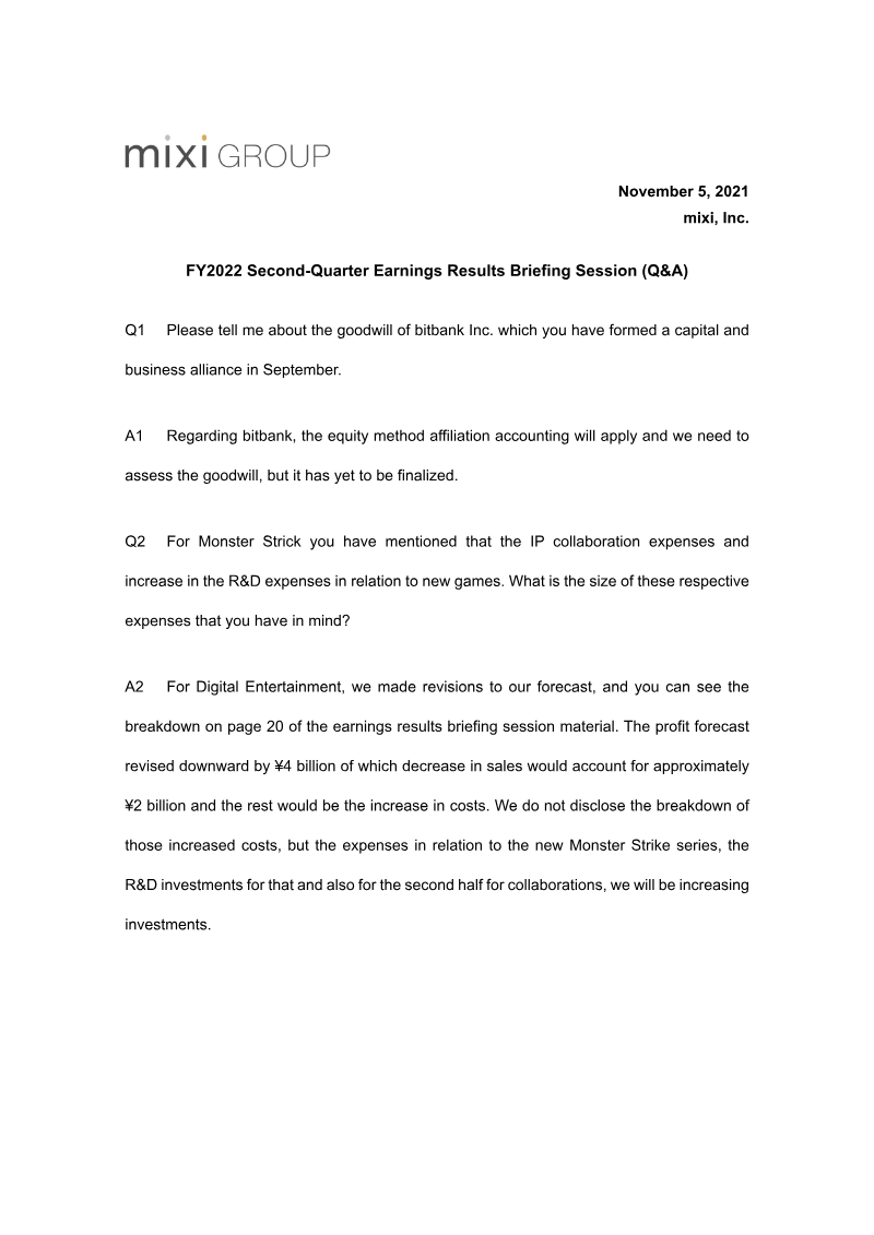 Cover of MIXI FY2022 Second-Quarter Earnings Results Briefing Session