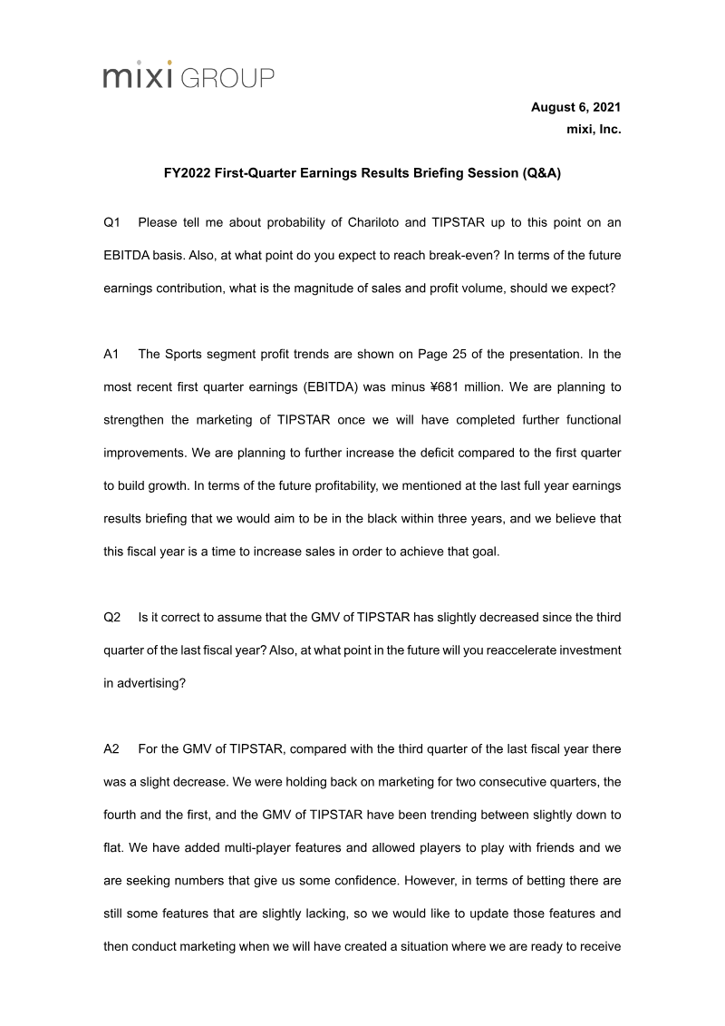 Cover of Mixi FY2022 First-Quarter Earnings Results Briefing Session: Q&A
