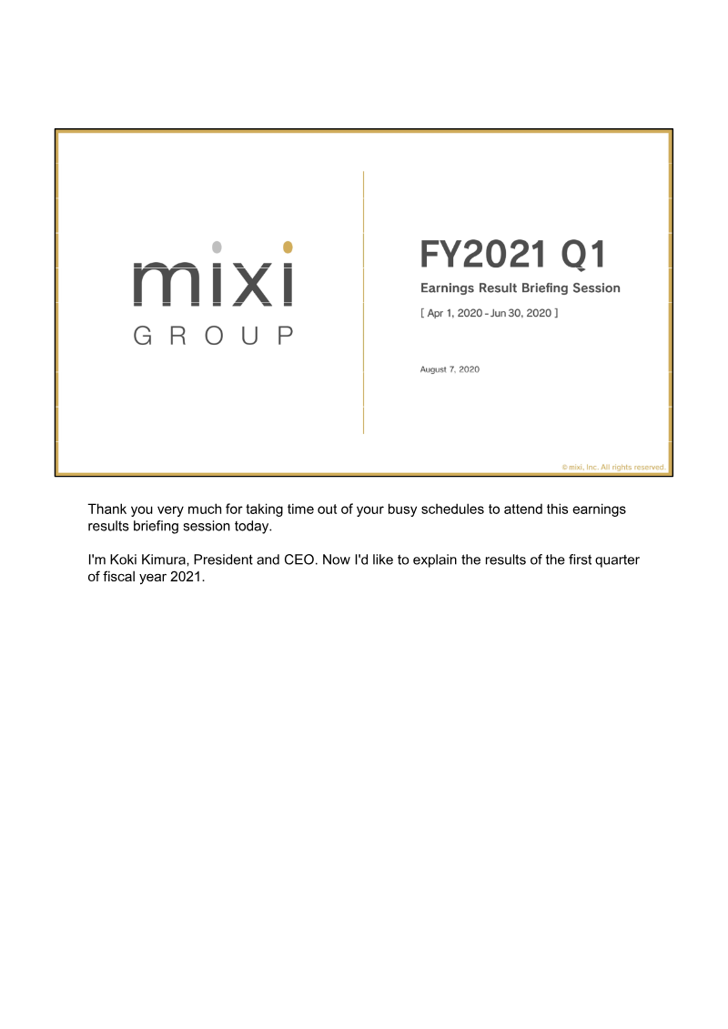 Cover of Mixi FY2021 Q1 Earnings Result Briefing Session