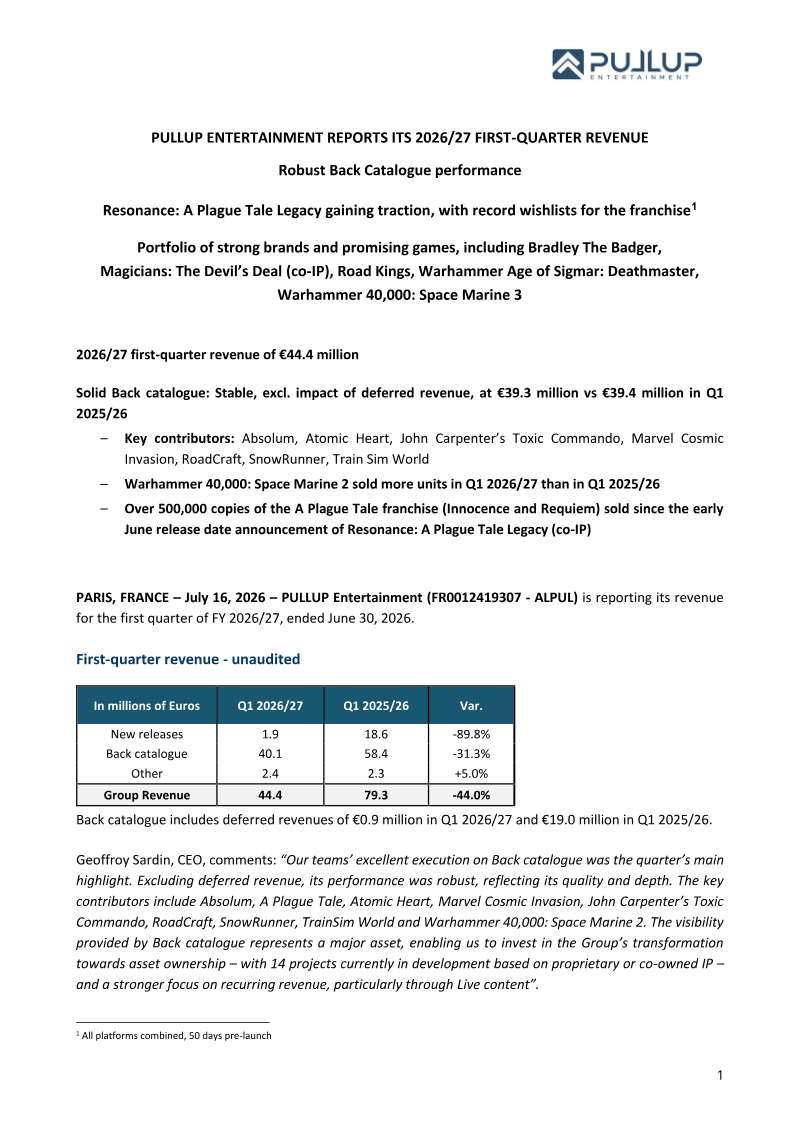 Cover of Pullup Entertainment 2026/27 First-Quarter Revenue