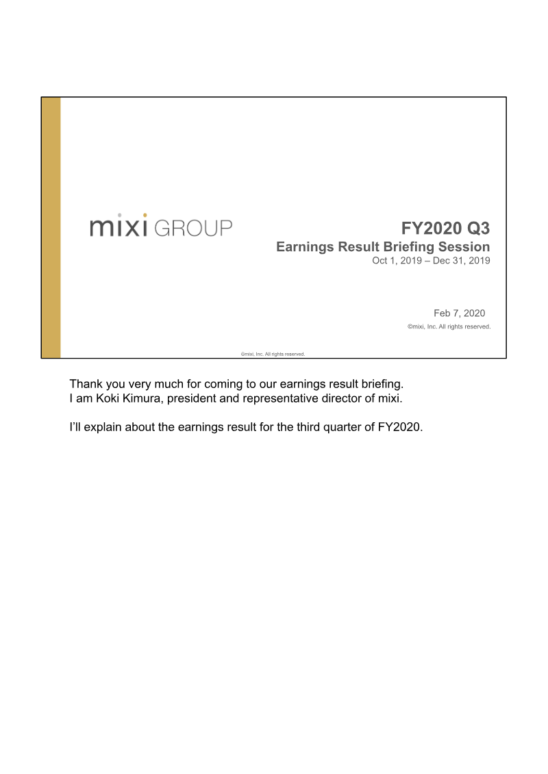 Cover of mixi Group FY2020 Q3 Earnings Results Briefing