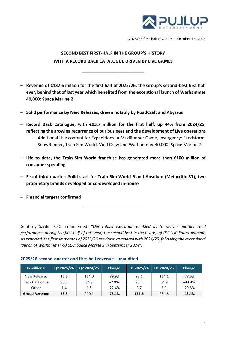 Cover of Pullup Entertainment 2025/26 First-Half Revenue