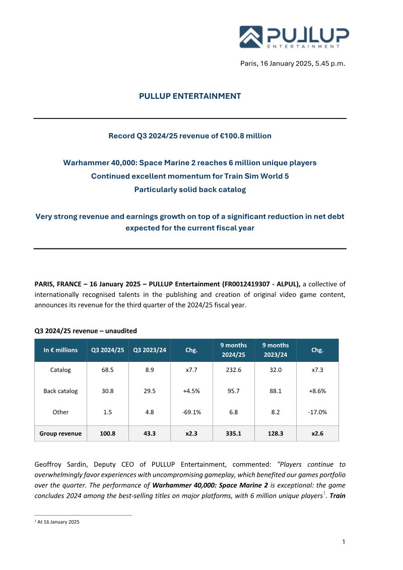 Cover of Pullup Entertainment Q3 2024/25 Revenue