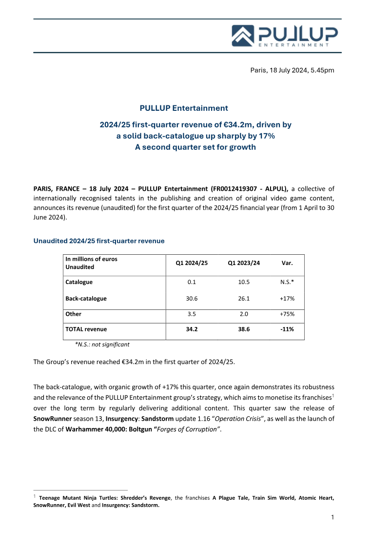 Cover of PULLUP Entertainment 2024/25 First-Quarter Revenue