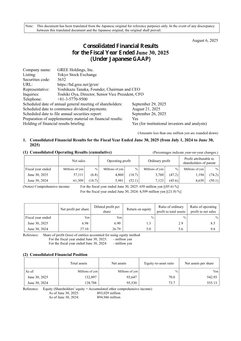 Cover of GREE Holdings Consolidated Financial Results: Fiscal Year Ended June 30, 2025