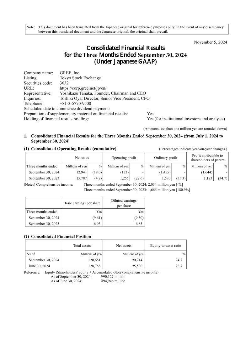 Cover of GREE Consolidated Financial Results for the Three Months Ended September 30, 2024