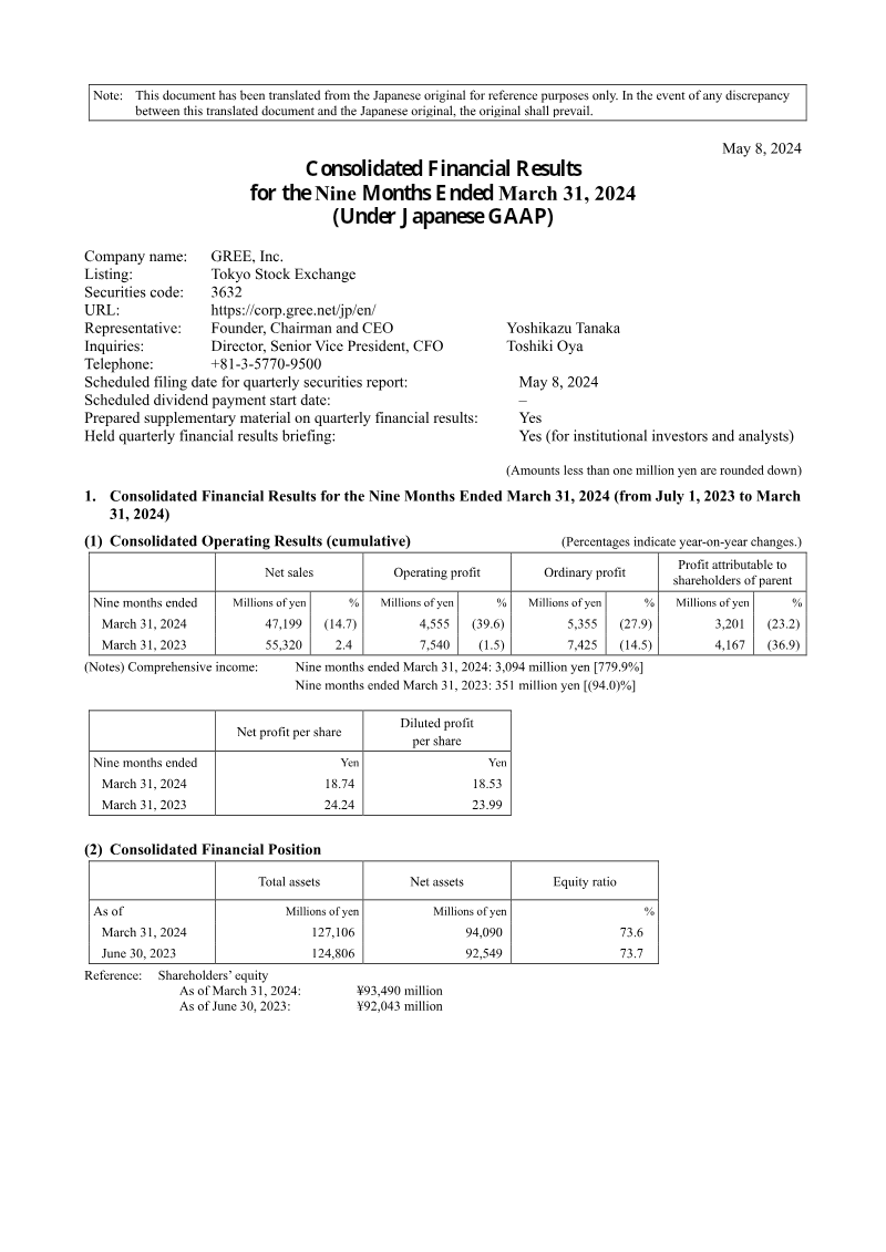 Cover of GREE Consolidated Financial Results for the Nine Months Ended March 31, 2024