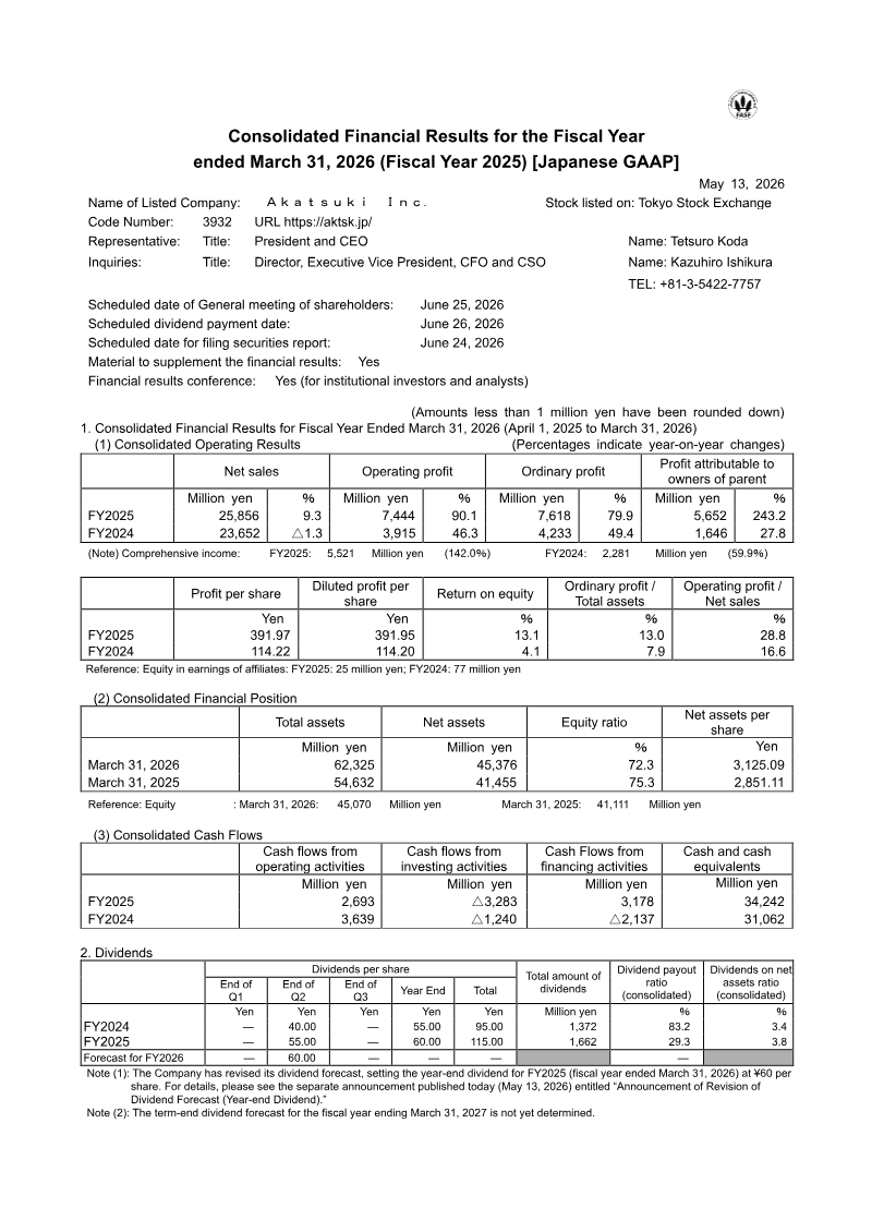 Cover of Akatsuki Consolidated Financial Results for the Fiscal Year Ended March 31, 2026