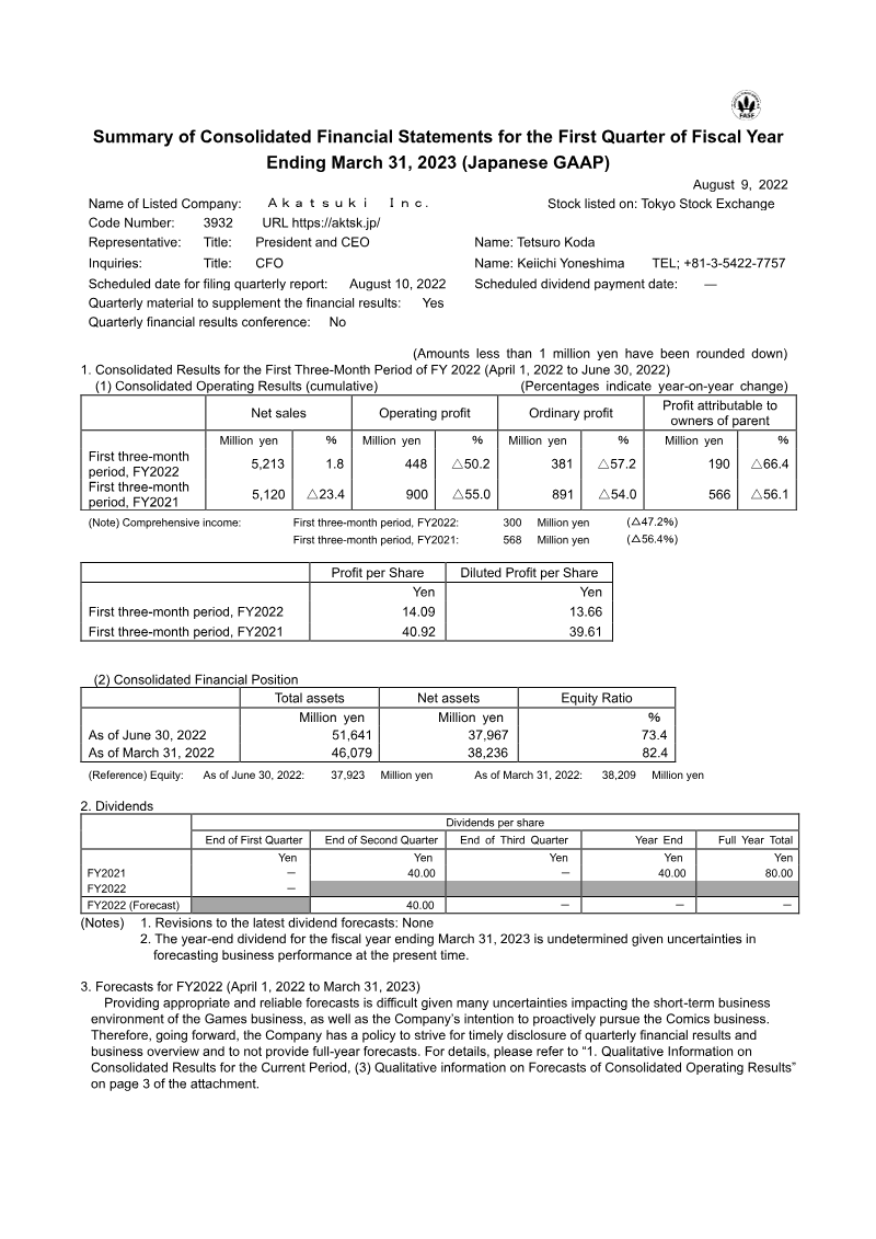 Cover of Akatsuki Summary of Consolidated Financial Statements for the First Quarter of Fiscal Year Ending March 31, 2023