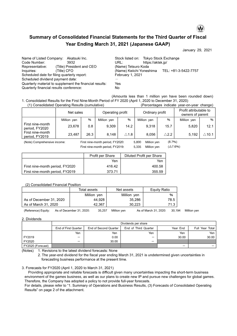 Cover of Akatsuki Q3 Fiscal Year Ending March 31, 2021 Financial Results
