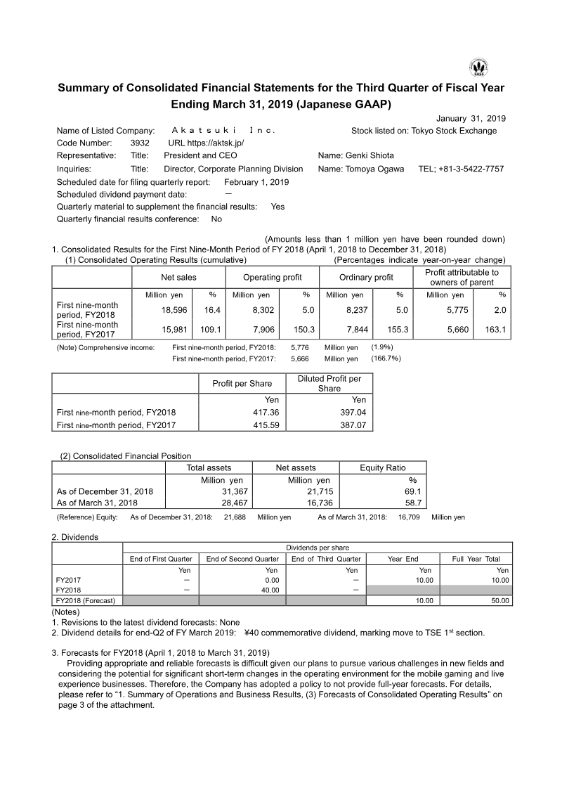 Cover of Akatsuki Summary of Consolidated Financial Statements for the Third Quarter of Fiscal Year Ending March 31, 2019
