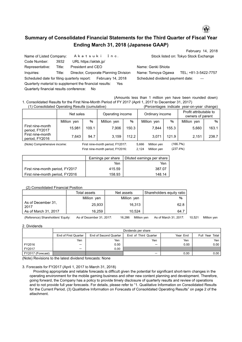 Cover of Akatsuki Summary of Consolidated Financial Statements for the Third Quarter of Fiscal Year Ending March 31, 2018