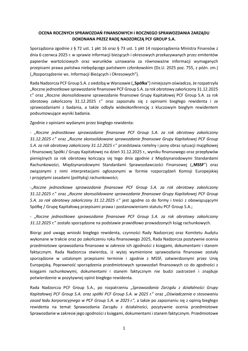 Cover of Assessment of the Annual Financial Statements: PCF Group S.A. 2025