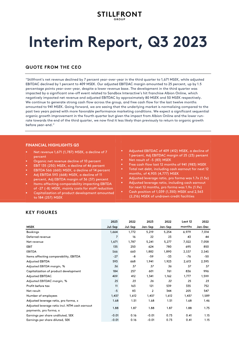 Cover of Stillfront Group Interim Report: Q3 2023