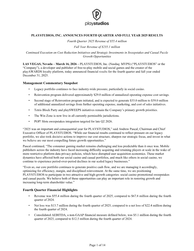 Cover of PLAYSTUDIOS, Inc. Fourth Quarter and Full Year 2025 Financial Results