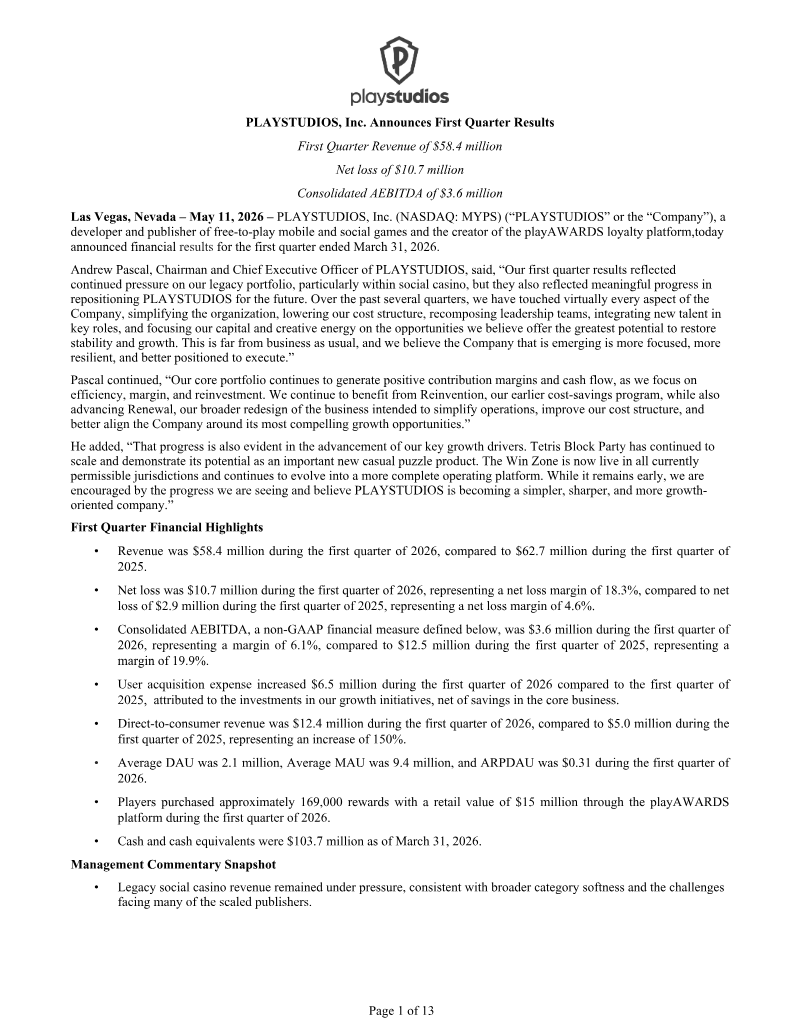 Cover of PLAYSTUDIOS, Inc. First Quarter 2026 Financial Results